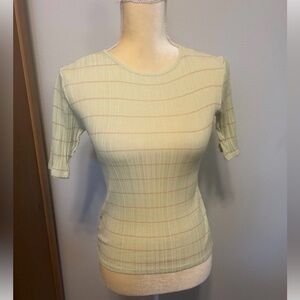NEW Vince Womens Variegated Stripe Elbow SLV Crew Sz XXS Honeydew